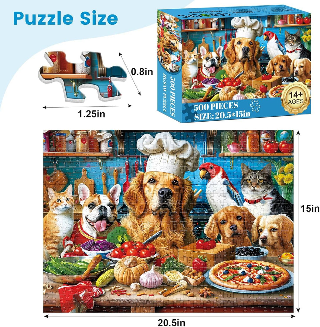 500-piece puzzle box with kitchen animal artwork and size/diagram panel