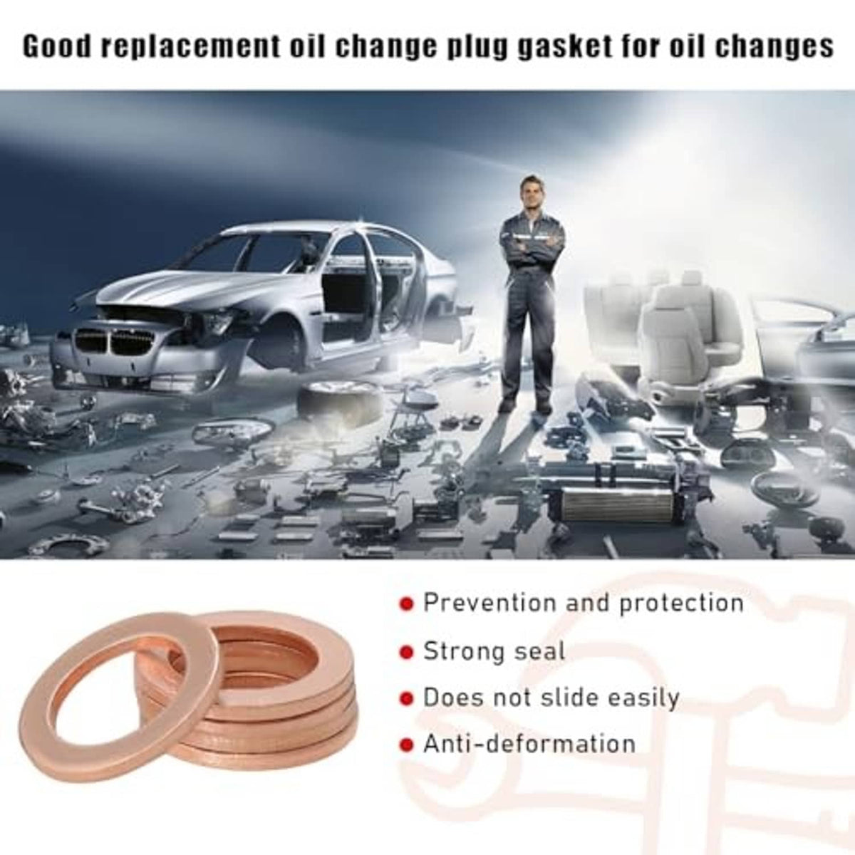 Stacked copper oil drain plug crush washers with flat circular gasket shapes.