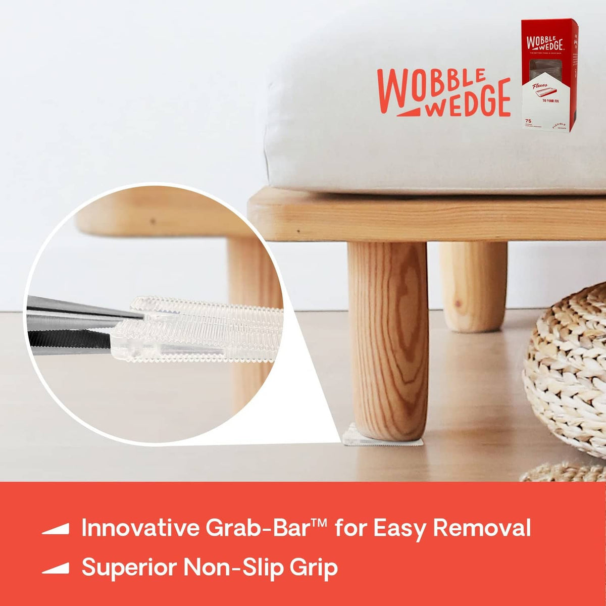 Clear flexible plastic shim wedge under wooden table leg, with 75-pack
