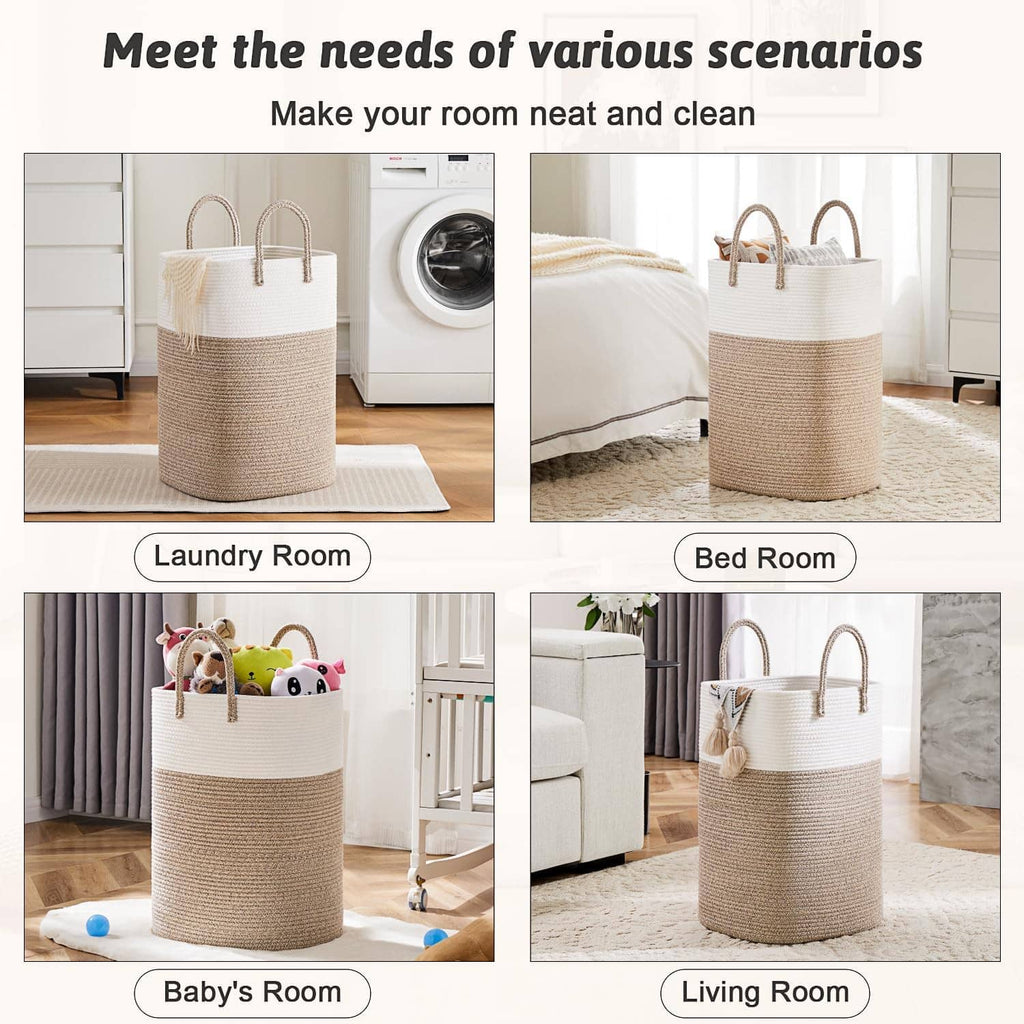 Two-tone woven cotton rope laundry hamper with carry handles, used for home storage.