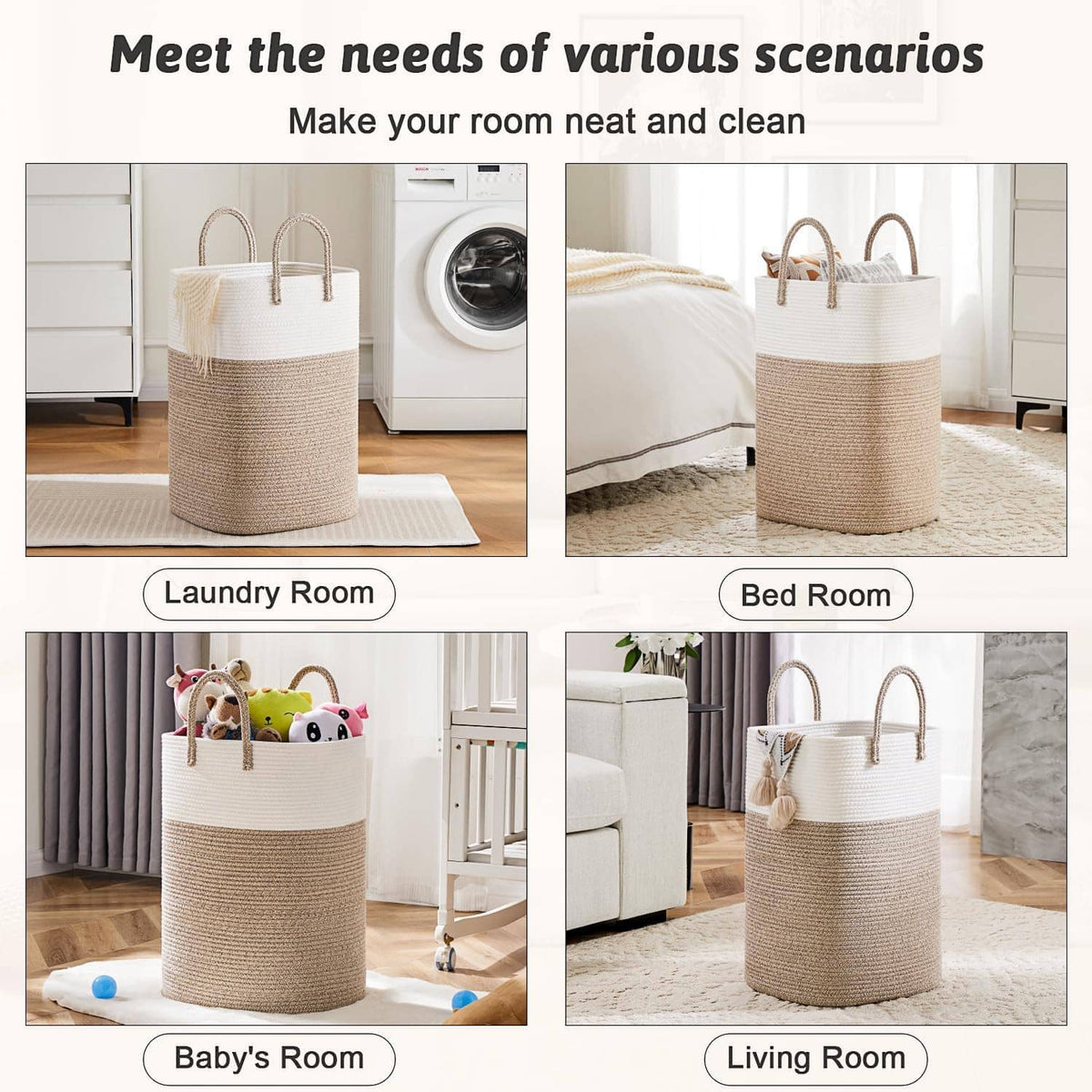 Two-tone woven cotton rope laundry hamper with carry handles, used for home storage.