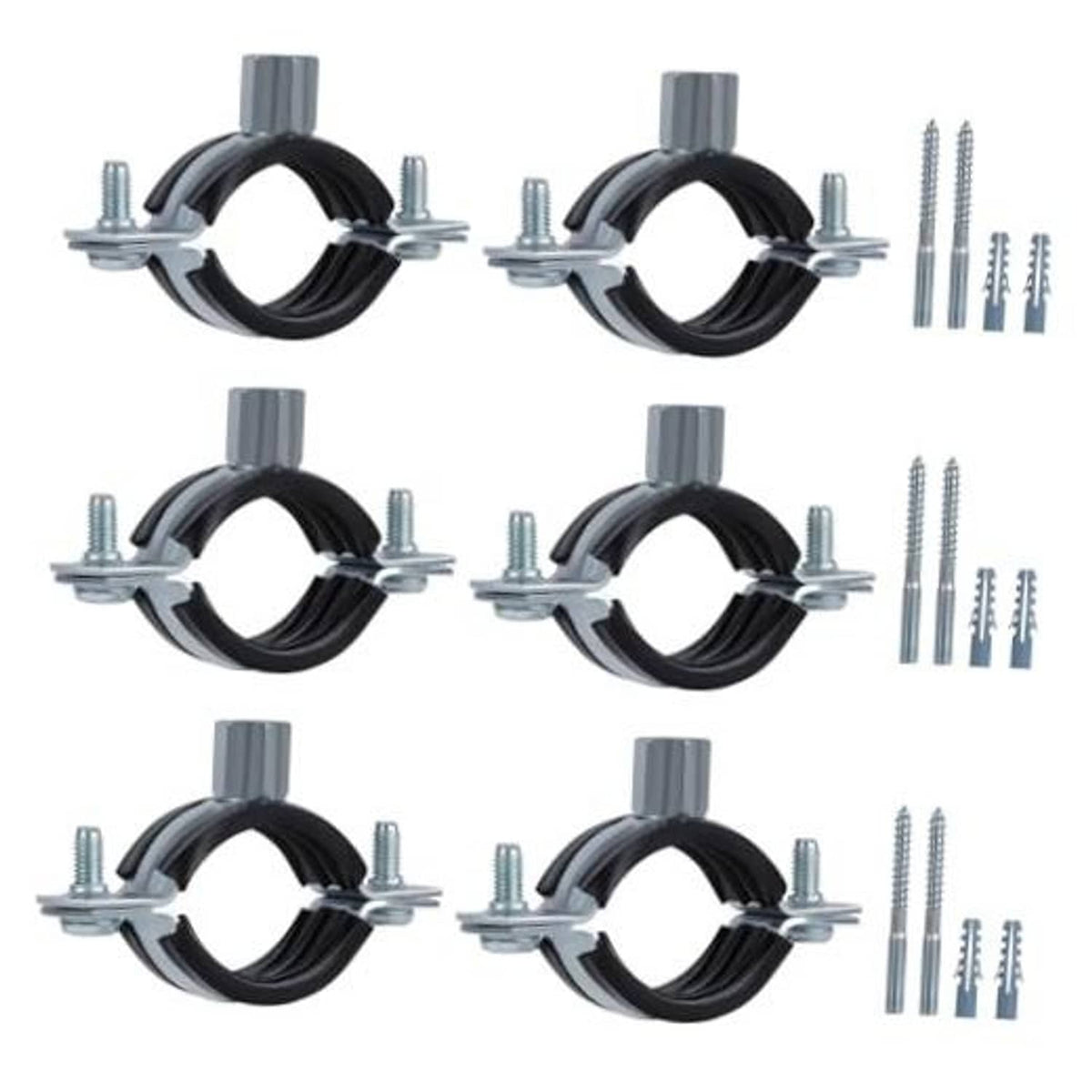 Heavy-duty pipe hanger split ring with black insert, galvanized clamp, and mounting screws.
