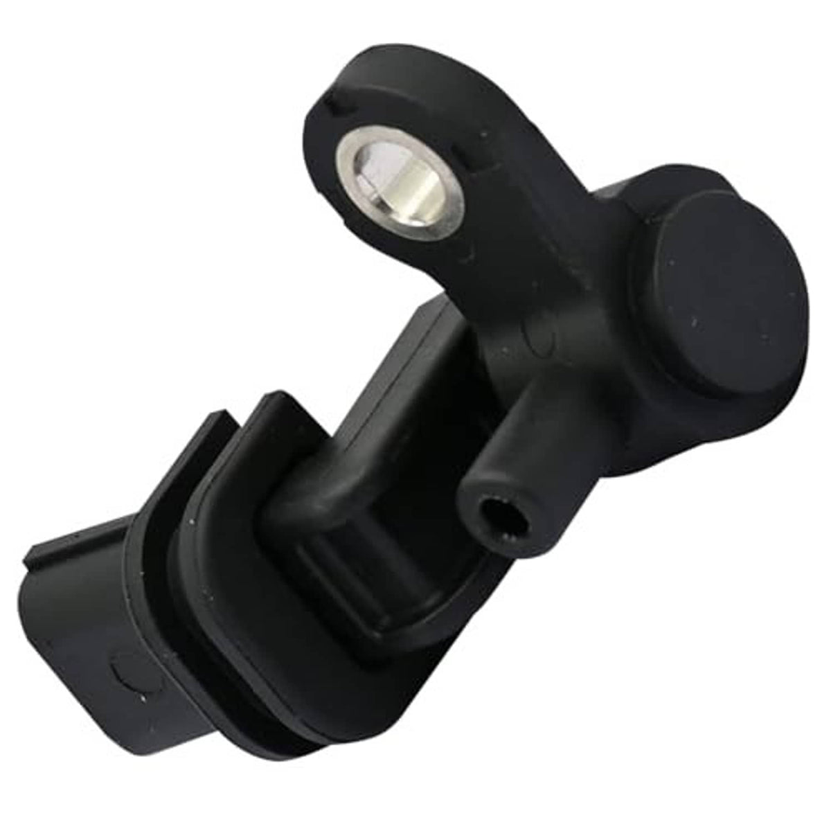 Crankshaft position sensor with black body, metal mounting ring, and angled side port
