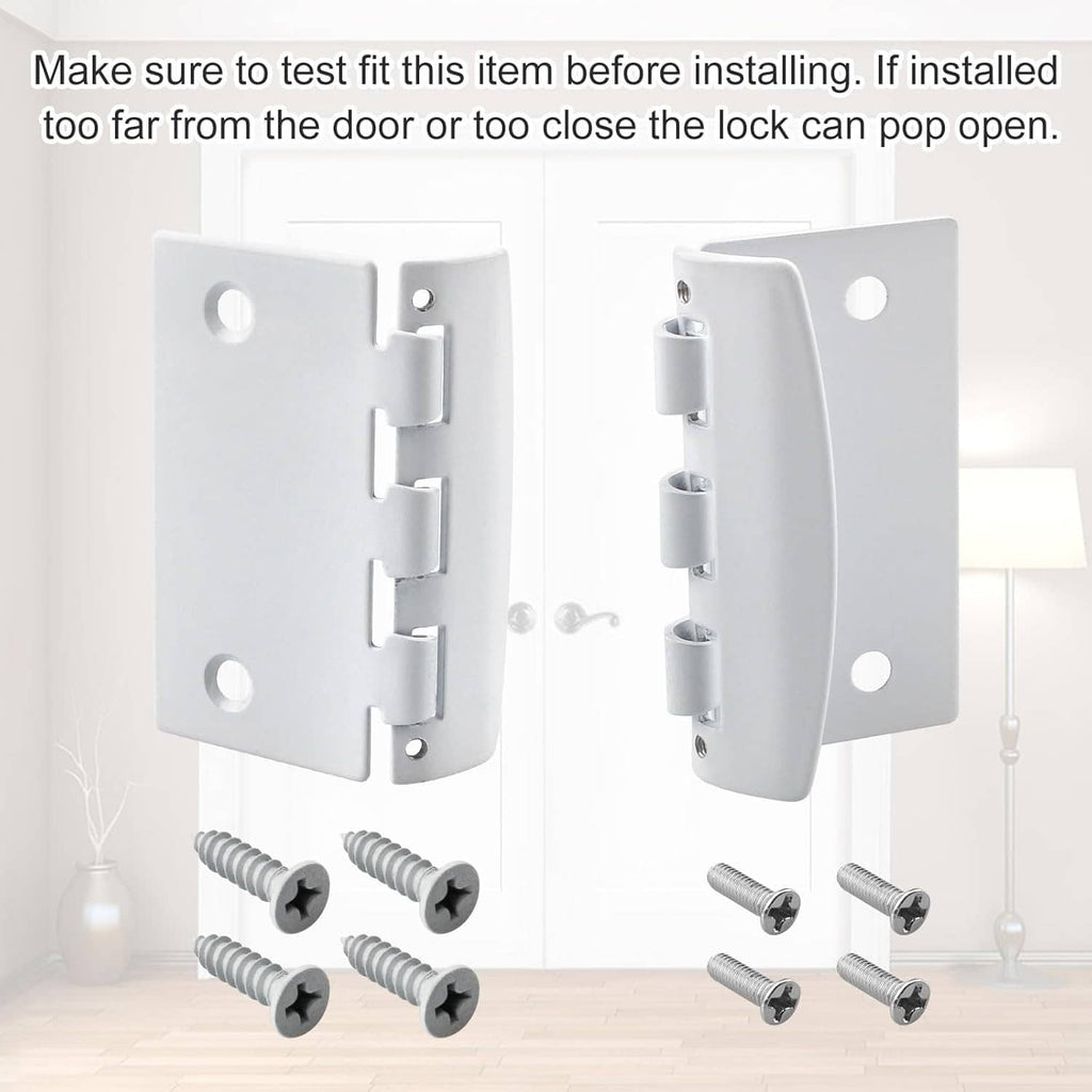 White reversible flip action door lock set with latch plates and included screws