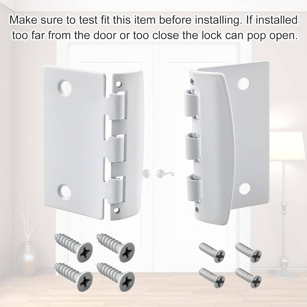 White reversible flip action door lock set with latch plates and included screws