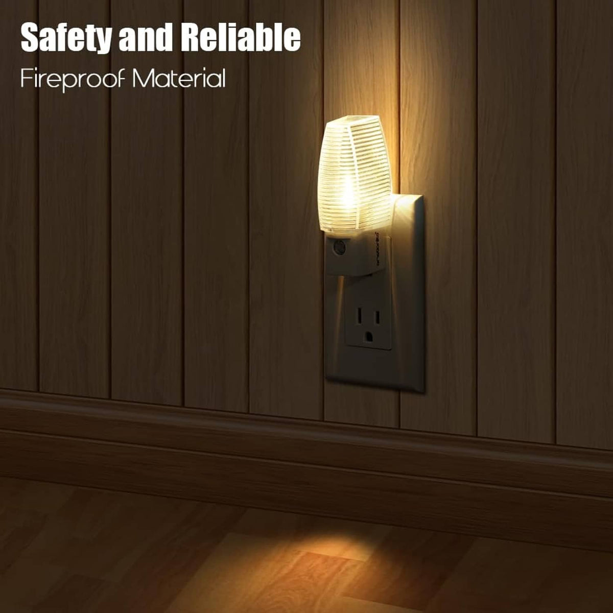 Plug-in LED night light mounted in wall outlet, emitting warm white light