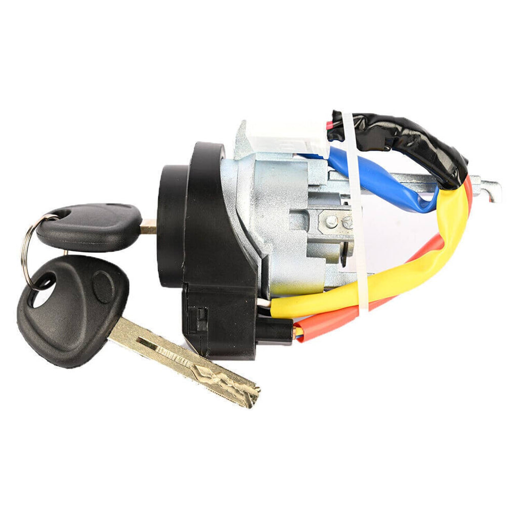 Ignition cylinder switch with two keys and multicolor wire harness, side view