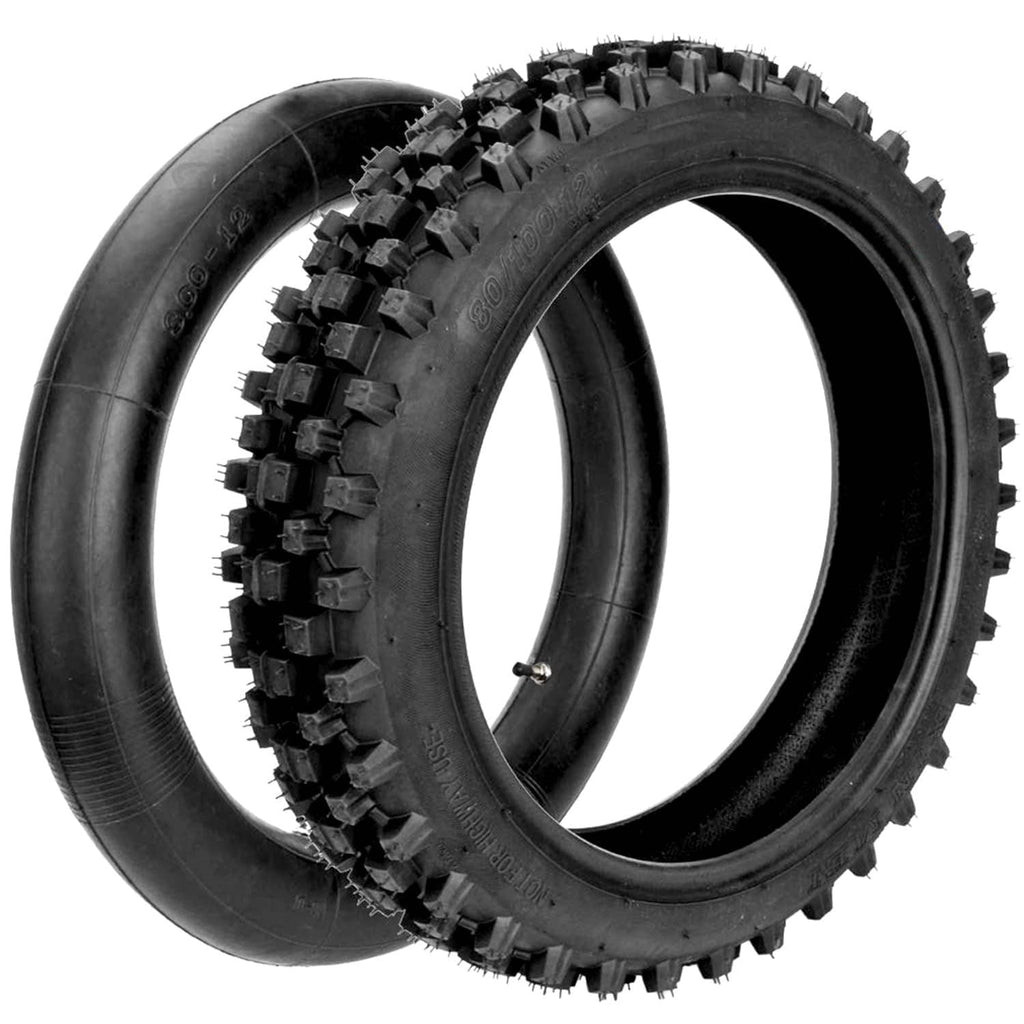 Dirt bike tire and inner tube combo with knobby tread, 80/100-12 size