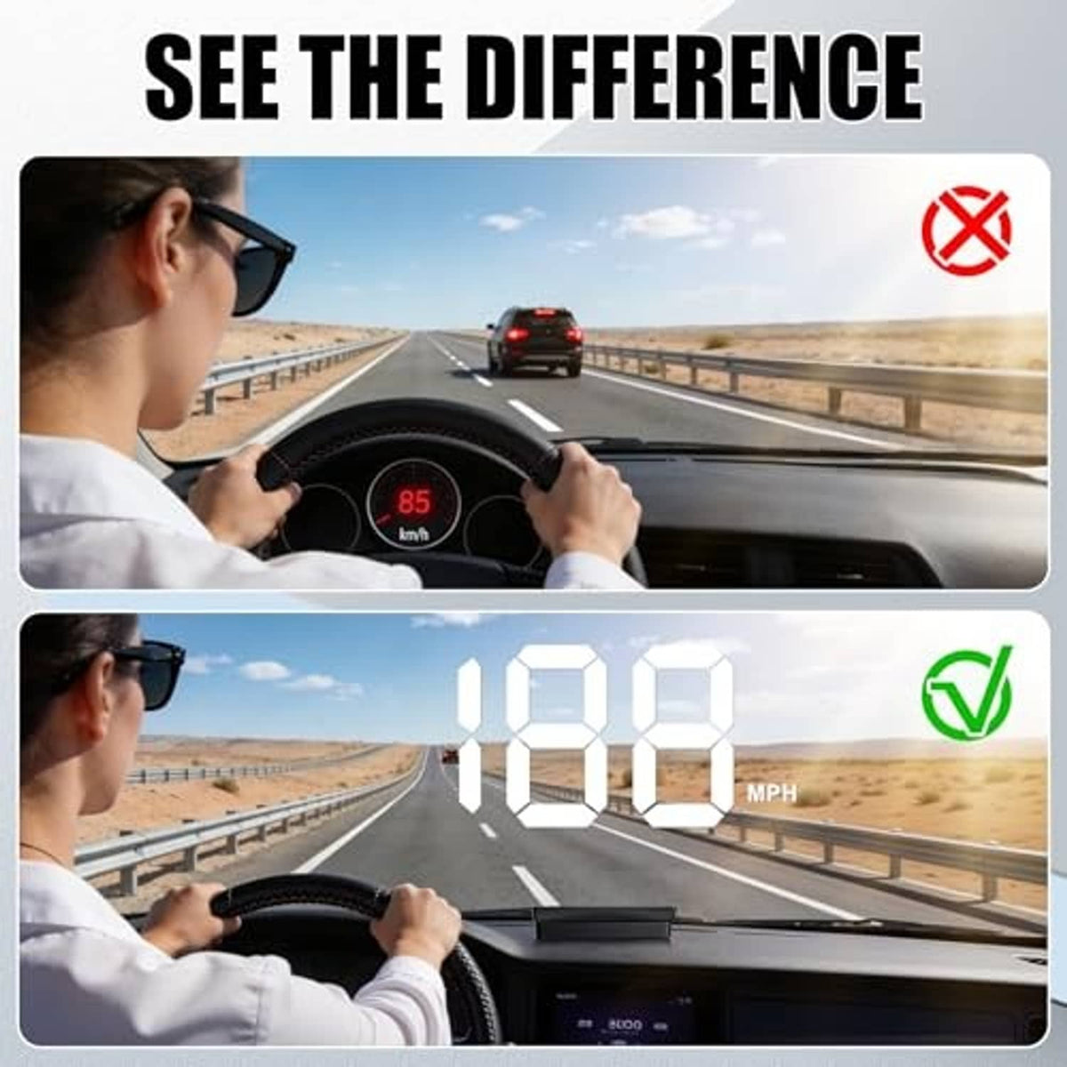 Car head-up display windshield speed projection with bright LED digits and mph