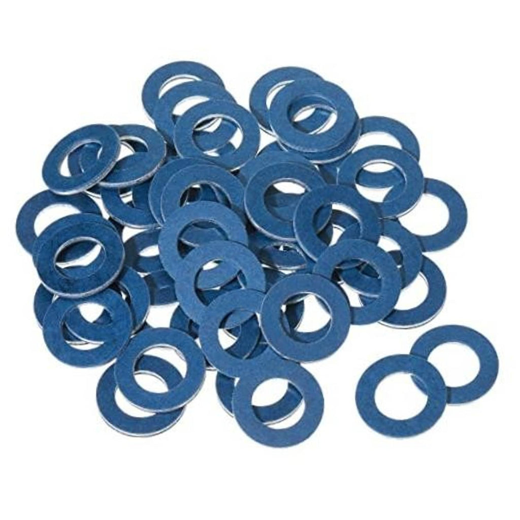 Blue metal crush washers, flat rings with center holes, assorted pile