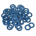 Blue metal crush washers, flat rings with center holes, assorted pile