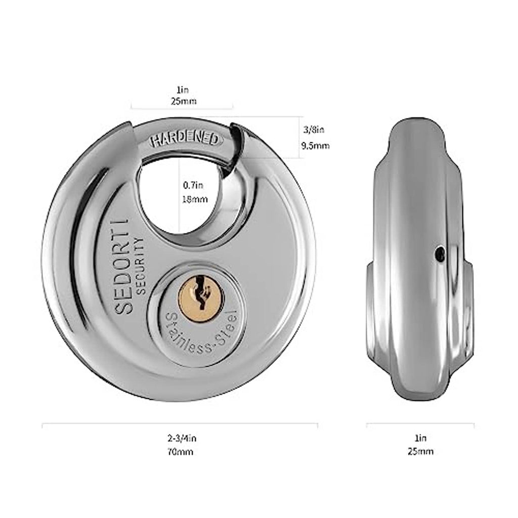 Stainless steel disc padlock size diagram with front and side measurements