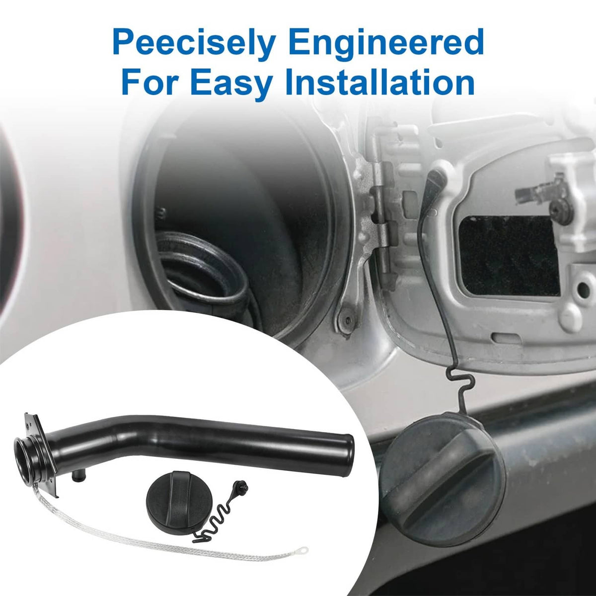 Fuel tank filler neck tube and cap shown near a vehicle opening