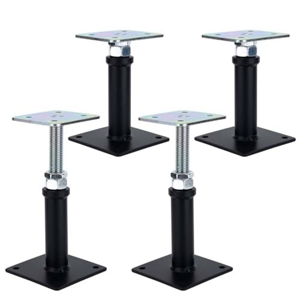 Four-pack adjustable jack lift posts with black square plates and threaded rods