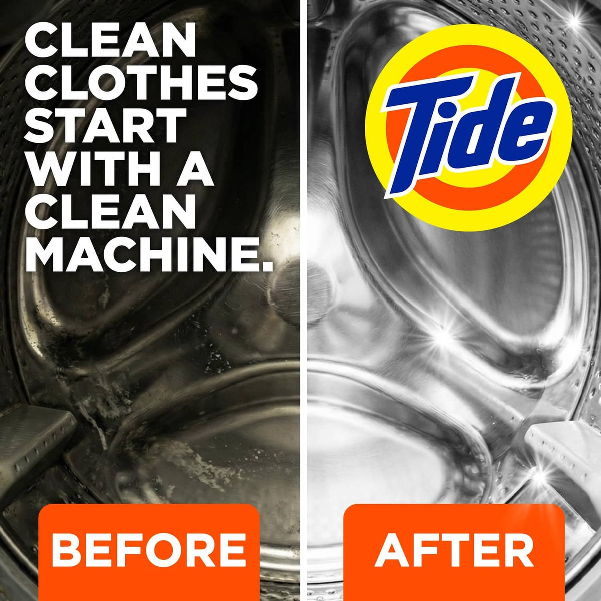 Tide washing machine cleaner logo on washer drum, before and after promo layout