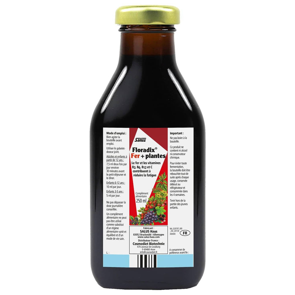 Brown glass liquid iron supplement bottle with golden cap and back label