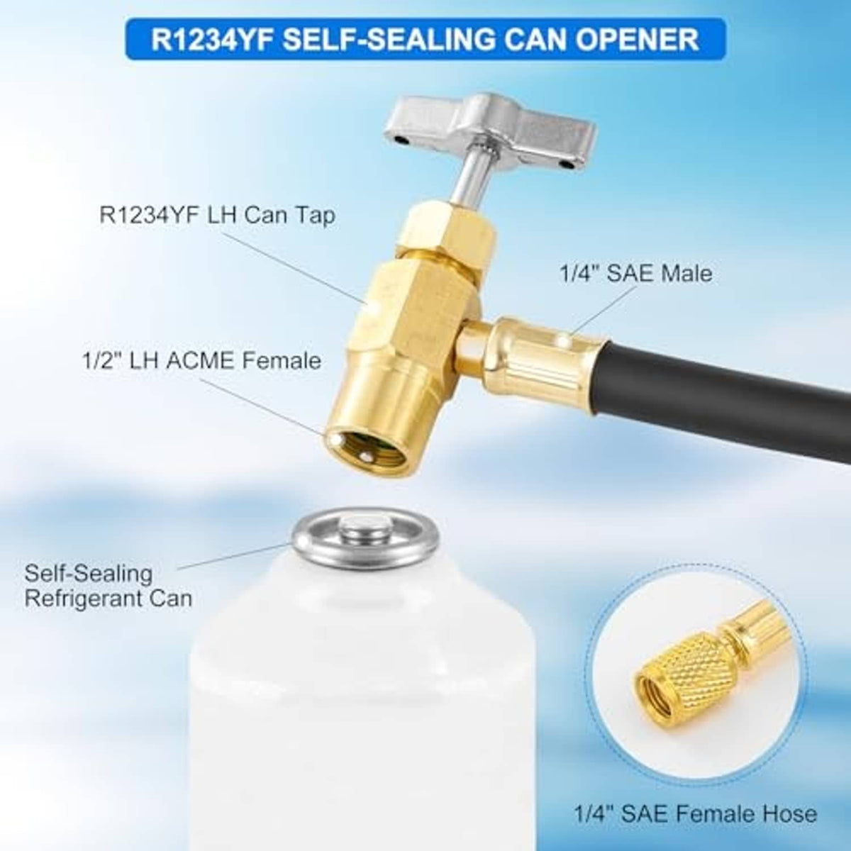 Refrigerant hose with brass valve and self-sealing can connector