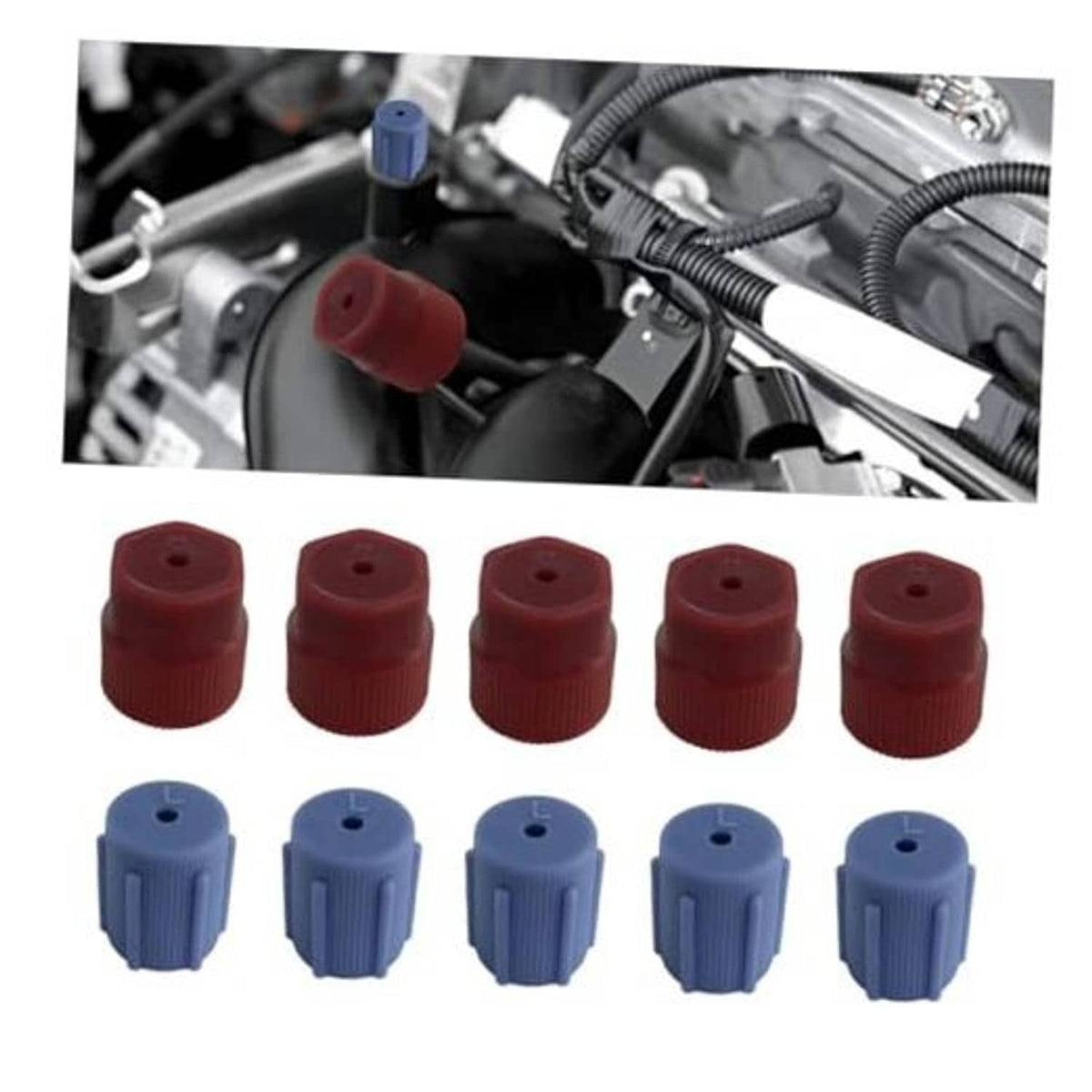 AC service caps set: five red and five blue plastic caps with rubber seals