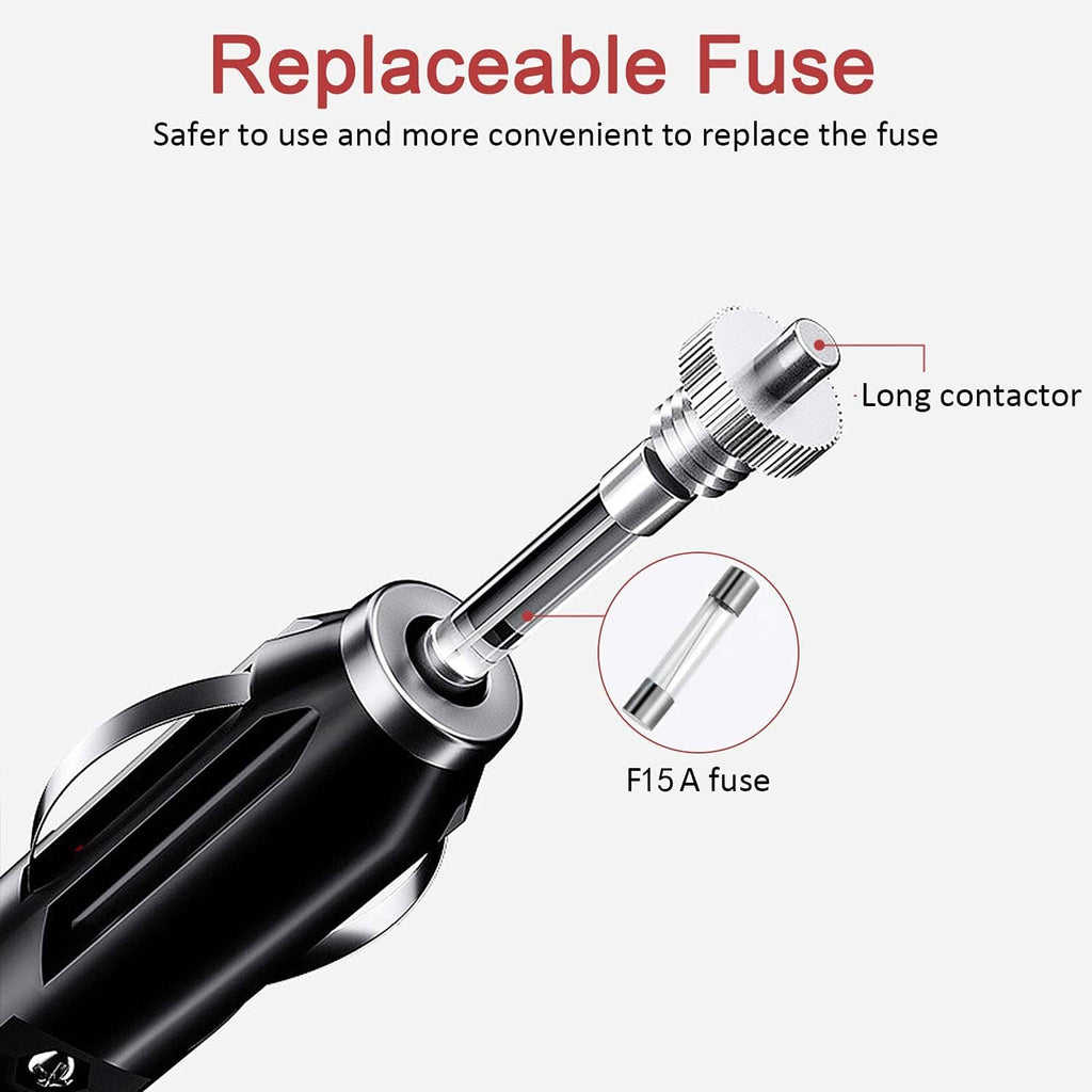 Car power plug adapter with replaceable fuse and long contactor connector