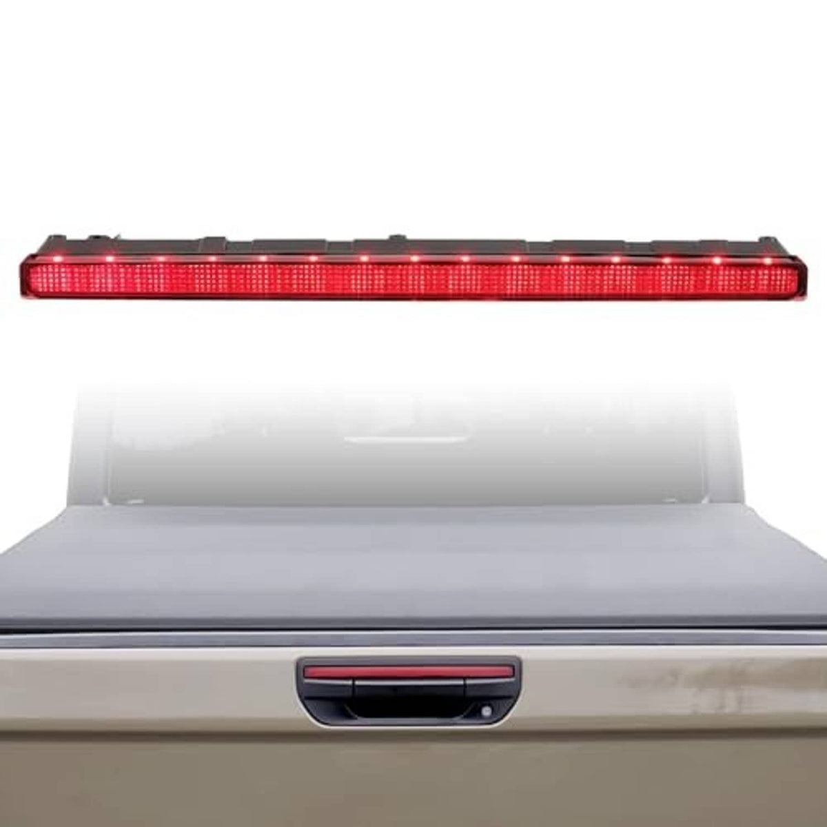 Third brake light bar with red LED grid lens in black housing, front view