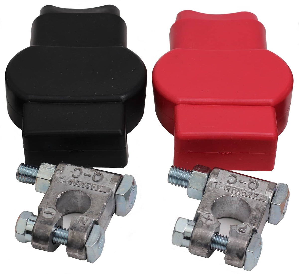 Battery terminal and cover kit with black and red top-post covers and metal clamps