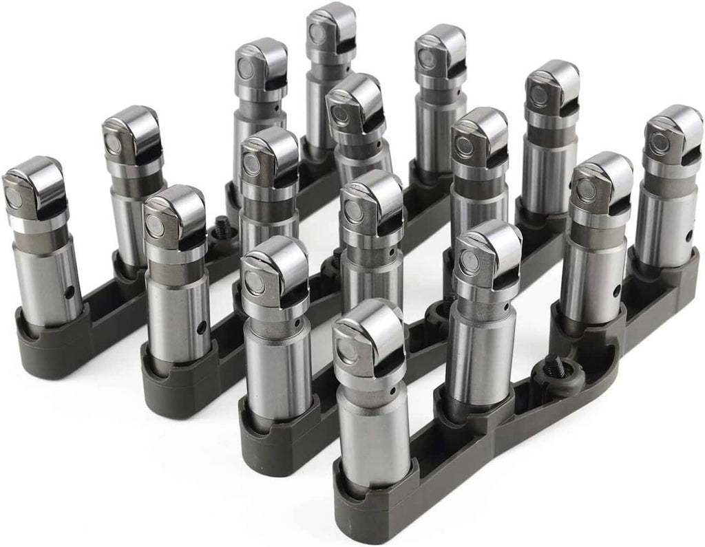 Hydraulic lifters arranged upright on black base, chrome finish, hex cap ends