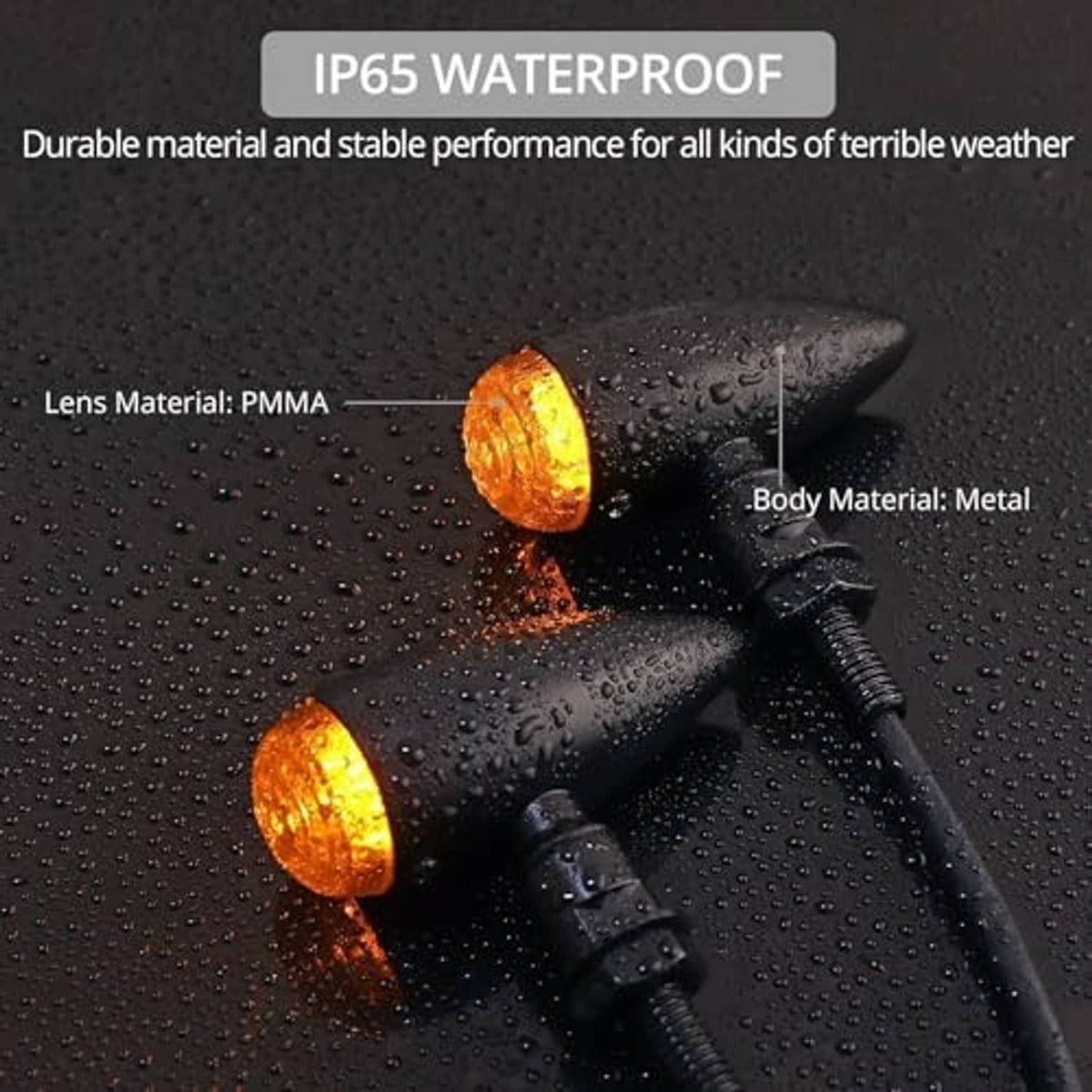 Waterproof amber LED turn signal lights with black housings, shown with raindrops