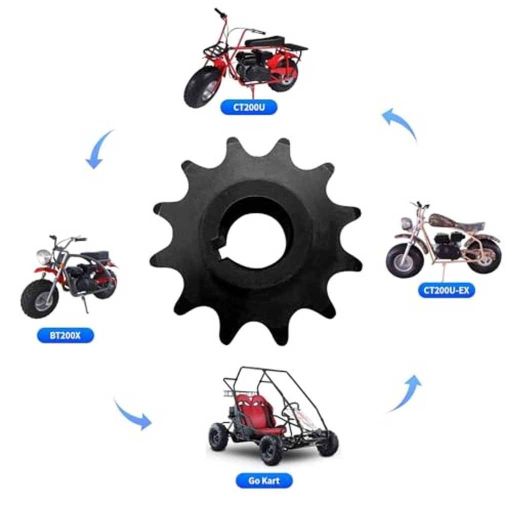 Black 12-tooth sprocket with central bore and keyway, with illustrated go-kart arrows