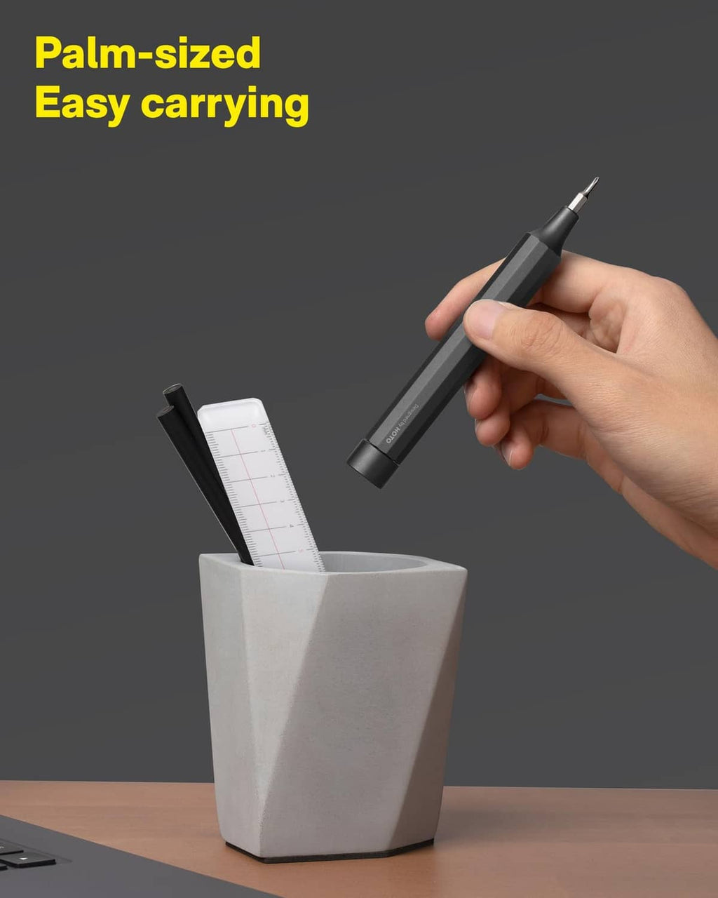 Palm-sized precision screwdriver with magnetic bit holder and bits organizer