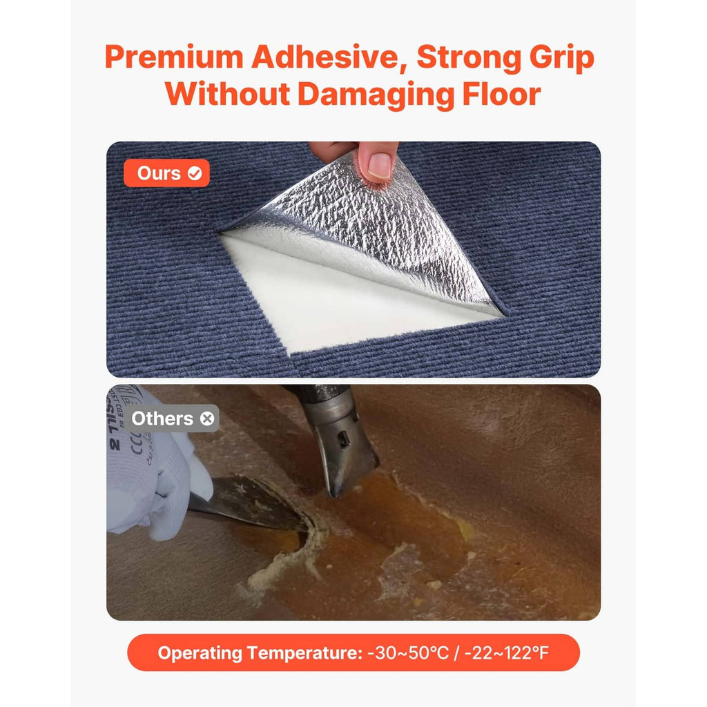Gray carpet tile with adhesive backing partially peeled back