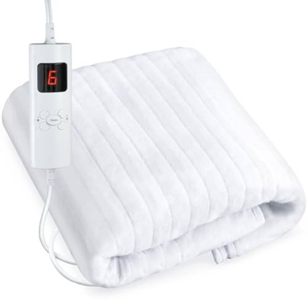 Electric massage table heating pad, white quilted pad with attached controller and red heat display