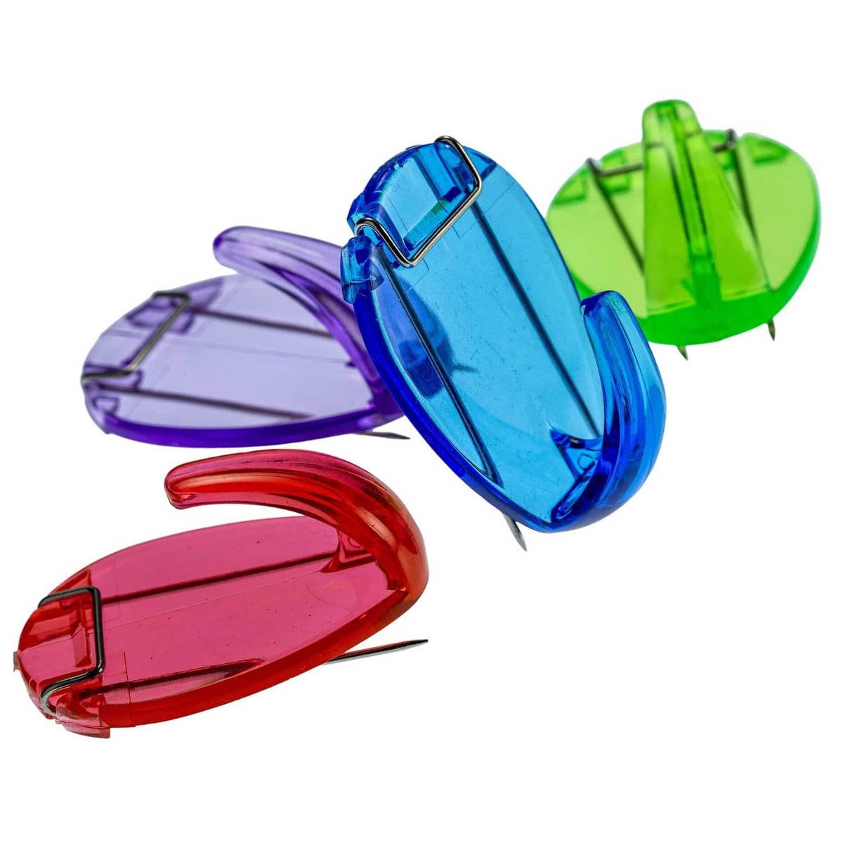 Assorted translucent plastic office hooks in blue, green, purple, and red.