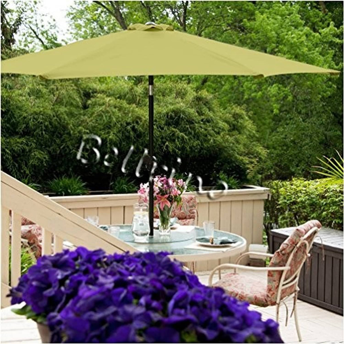 Sage green market umbrella canopy with central pole, extended open