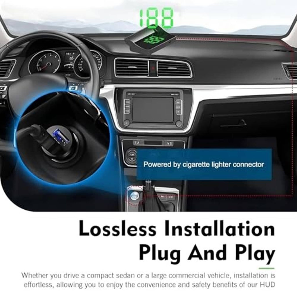 Car heads-up display speedometer mounted in dashboard, showing bright 108 digits