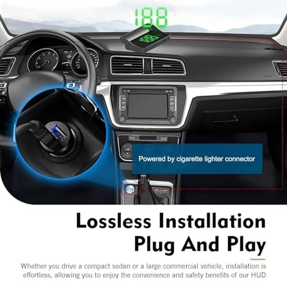 Car heads-up display speedometer mounted in dashboard, showing bright 108 digits