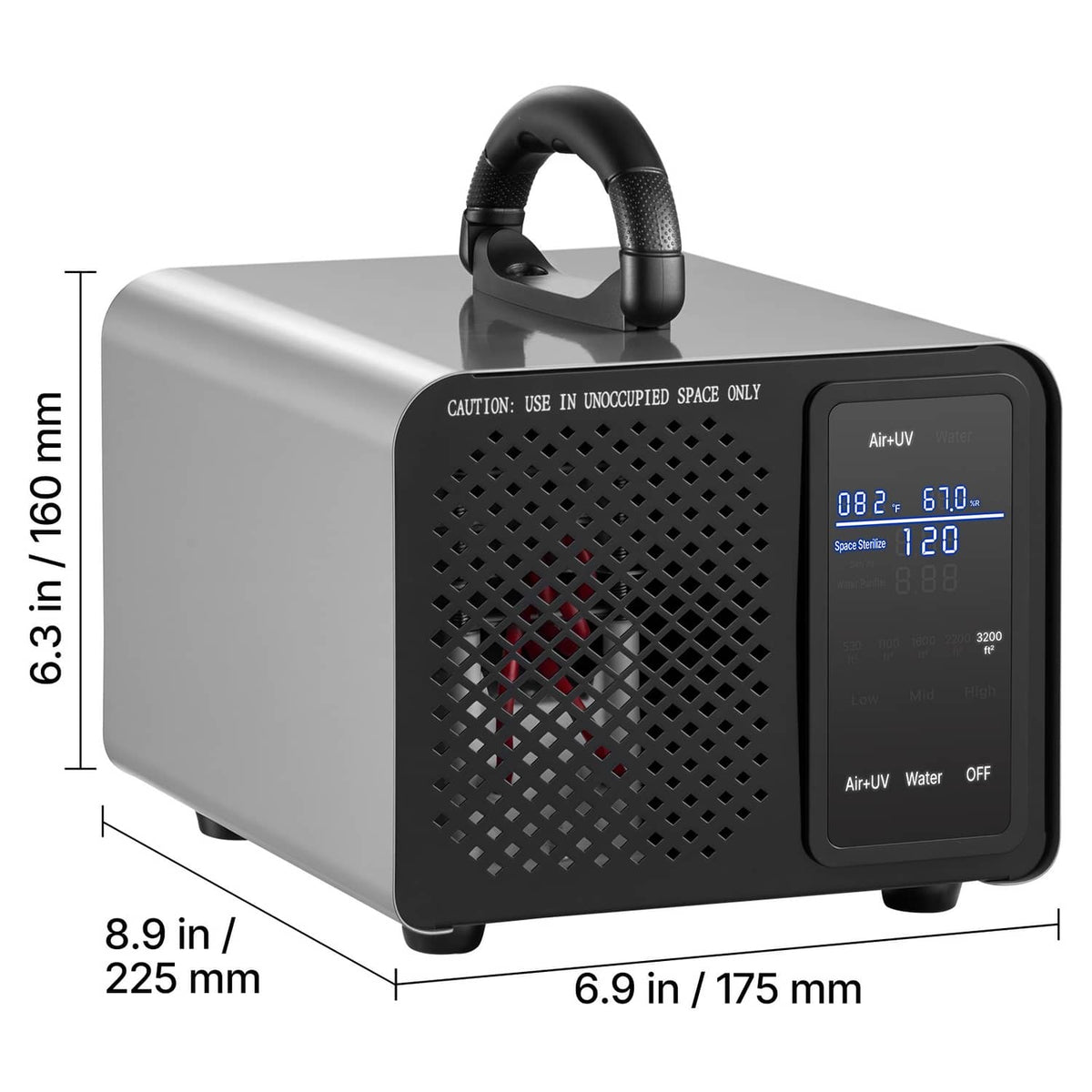 Front angled view of ozone generator with touchscreen display and dimension markers