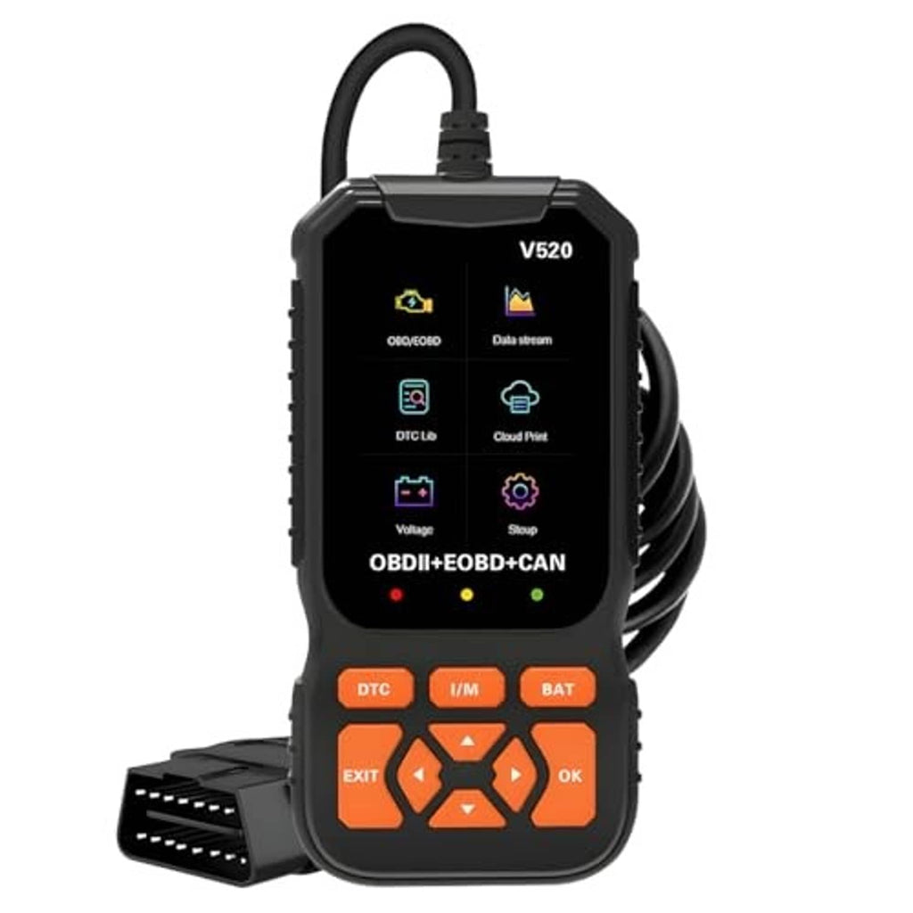 OBD2 diagnostic scanner with V520 display, orange keypad, and coiled cable, black body