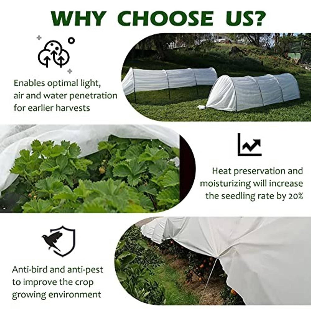 White plant cover stretched over garden rows, helps improve protection from pests