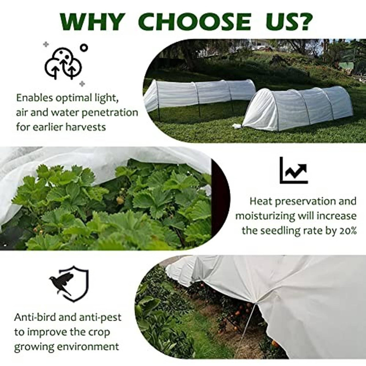 White plant cover stretched over garden rows, helps improve protection from pests