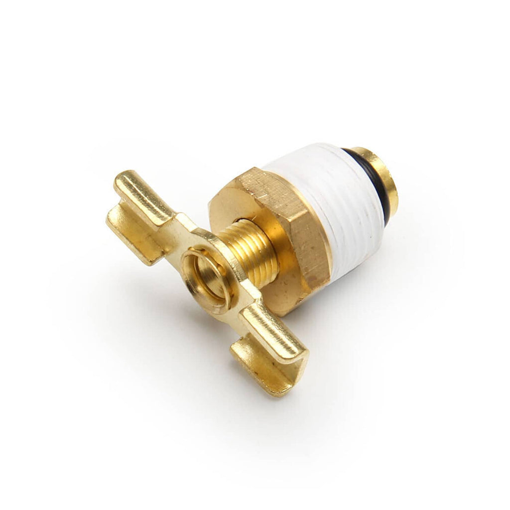 Brass oil catch can hose fitting with white insulator and threaded connection