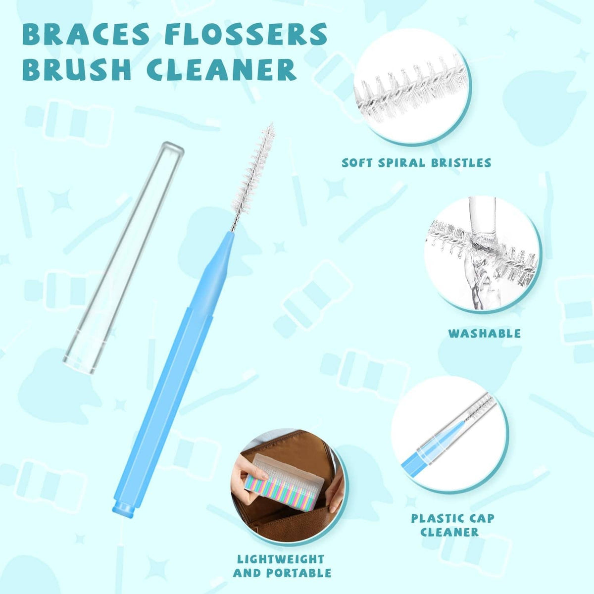 Interdental brushes with soft spiral bristles and lightweight plastic handle