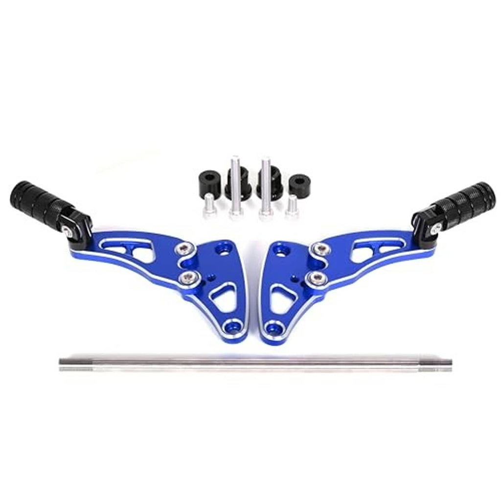 Blue rear passenger footrest pegs kit with black rubber grips and silver axle rod
