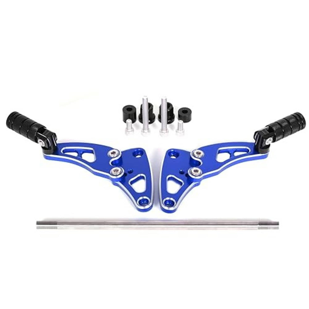 Blue rear passenger footrest pegs kit with black rubber grips and silver axle rod