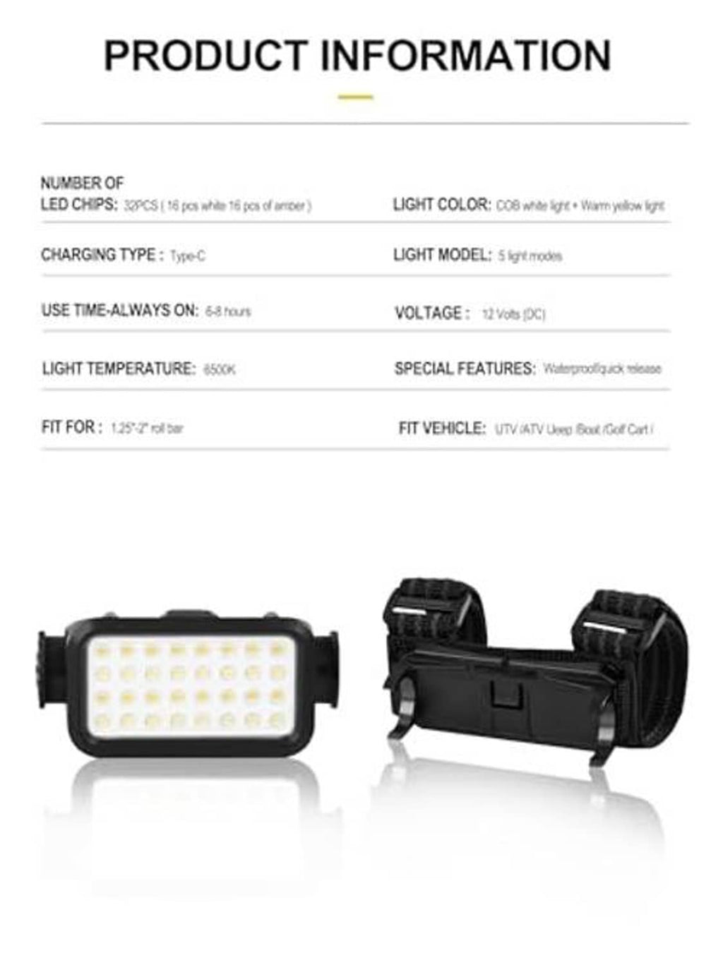 Rechargeable UTV LED dome light with front LED panel and adjustable strap mounts