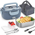 Light blue electric lunch box with open lid, included spoon and fork, power cord