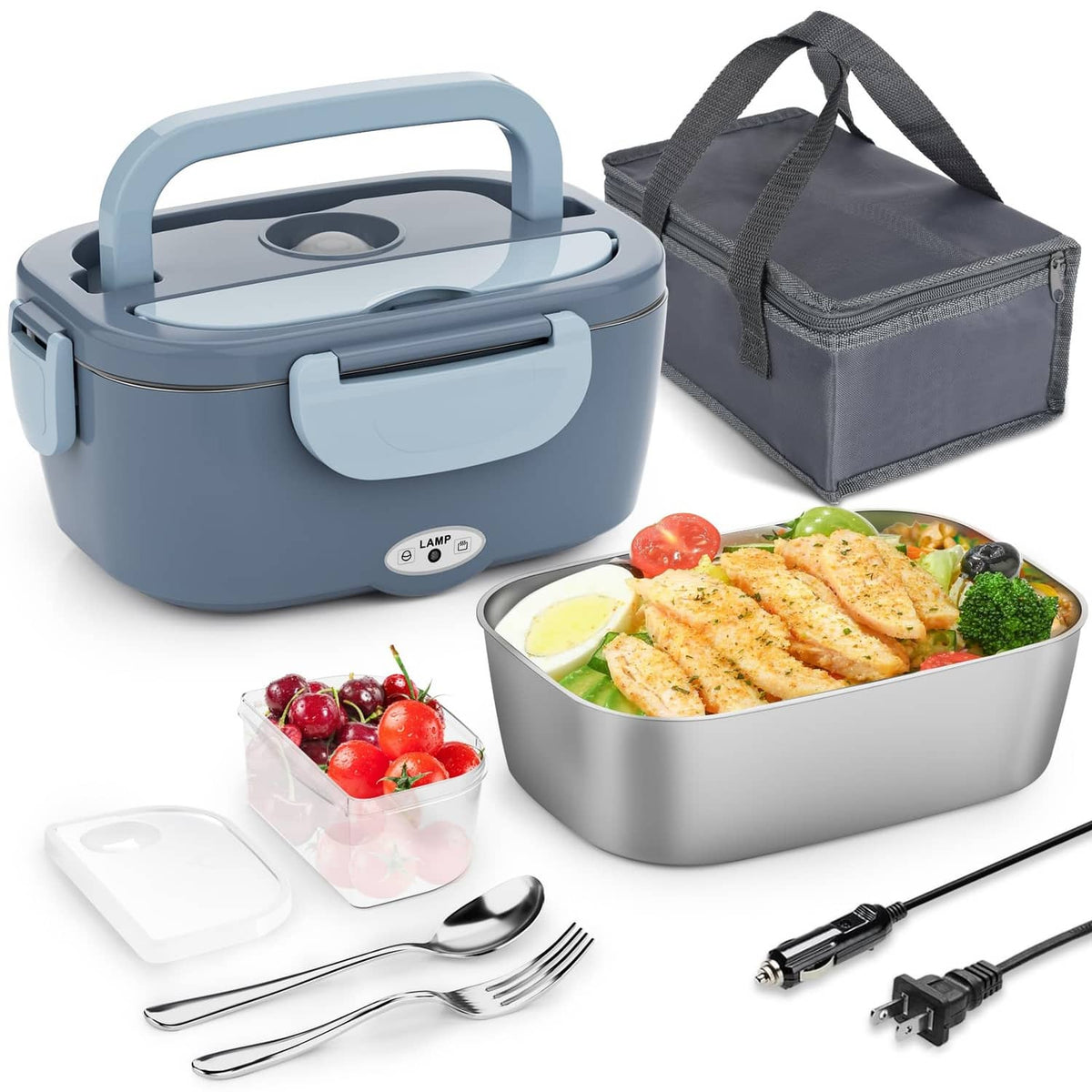 Light blue electric lunch box with open lid, included spoon and fork, power cord