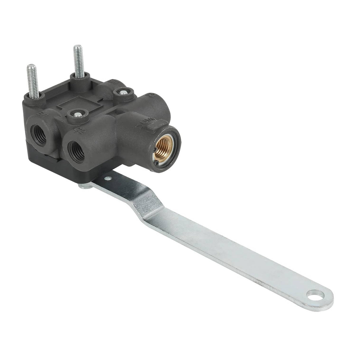 Leveling valve with threaded ports and metal arm, black housing with mounting pins