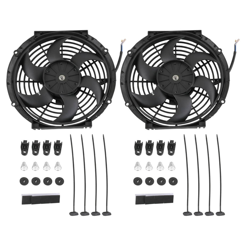 Pair of 10-inch electric radiator cooling fans with screws and wiring leads