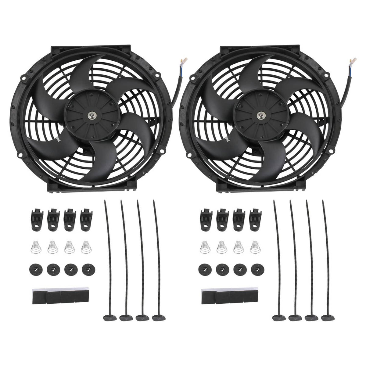 Pair of 10-inch electric radiator cooling fans with screws and wiring leads