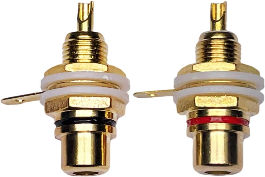 Gold-plated panel-mount audio socket jack with red and black terminals, two-pack